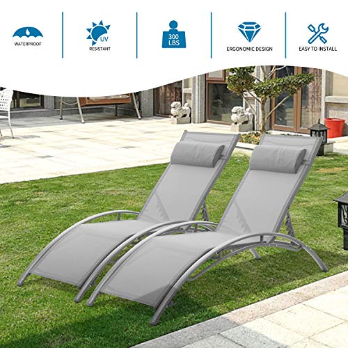 Outdoor Patio Chaise Lounge Chair Set of 2,5 Adjustable Backrest Sun Recliner Chair with Removable Pillow Suitable for Poolside,Garden,Balcony,Beach,Yard