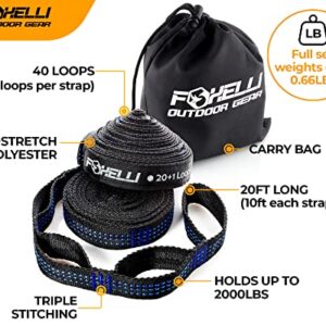 Foxelli Hammock Straps XL – Camping Hammock Tree Straps Set (2 Straps & Carrying Bag), 20 ft Long Combined, 40+2 Loops, 2000 LBS No-Stretch Heavy Duty Straps for Hammock Suspension System Kit