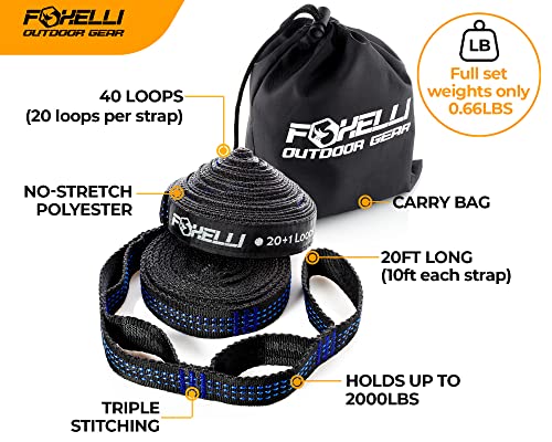 Foxelli Hammock Straps XL – Camping Hammock Tree Straps Set (2 Straps & Carrying Bag), 20 ft Long Combined, 40+2 Loops, 2000 LBS No-Stretch Heavy Duty Straps for Hammock Suspension System Kit