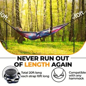 Foxelli Hammock Straps XL – Camping Hammock Tree Straps Set (2 Straps & Carrying Bag), 20 ft Long Combined, 40+2 Loops, 2000 LBS No-Stretch Heavy Duty Straps for Hammock Suspension System Kit