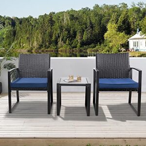 oakmont 3 pieces patio furniture set outdoor wicker conversation set modern bistro set black rattan balcony chair sets with coffee table for yard and bistro(navy blue)