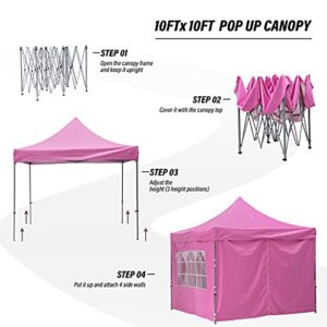 GDY 10x10 Ft Outdoor Pop Up Canopy Tent, Commercial Portable Instant Folding Shelter Gazebos, Pink Waterproof Canopies with Wheeled Carrying Bag