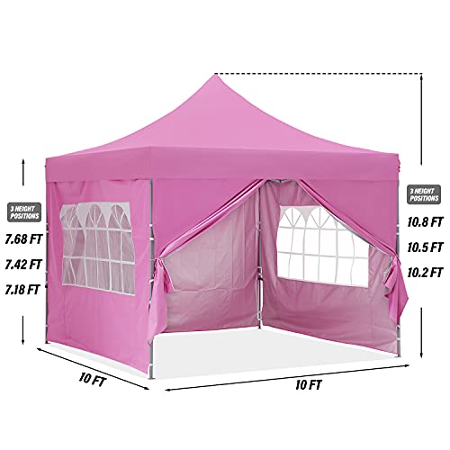 GDY 10x10 Ft Outdoor Pop Up Canopy Tent, Commercial Portable Instant Folding Shelter Gazebos, Pink Waterproof Canopies with Wheeled Carrying Bag