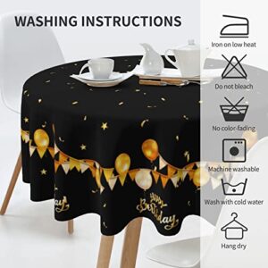 Happy Birthday Tablecloth, Black Round Tablecloth 60 Inch, Gold Stars Round Table Cloth for Birthday Party Decor, Wipeable Waterproof Polyester Fabric Table Cover for Holiday Outdoor Camping Picnic