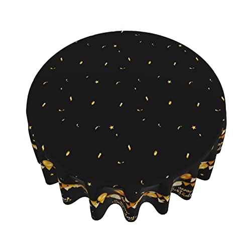 Happy Birthday Tablecloth, Black Round Tablecloth 60 Inch, Gold Stars Round Table Cloth for Birthday Party Decor, Wipeable Waterproof Polyester Fabric Table Cover for Holiday Outdoor Camping Picnic