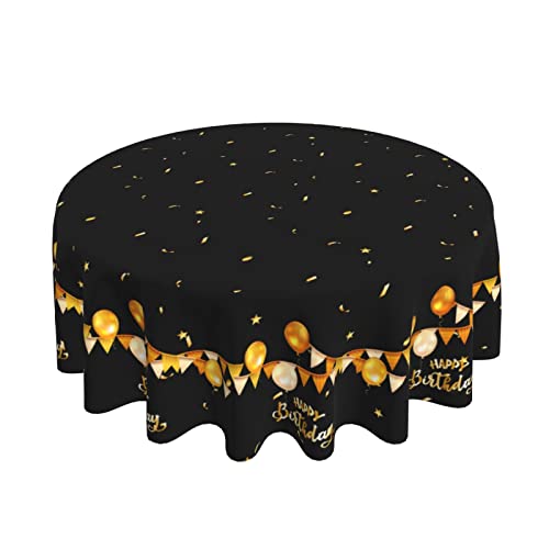 Happy Birthday Tablecloth, Black Round Tablecloth 60 Inch, Gold Stars Round Table Cloth for Birthday Party Decor, Wipeable Waterproof Polyester Fabric Table Cover for Holiday Outdoor Camping Picnic