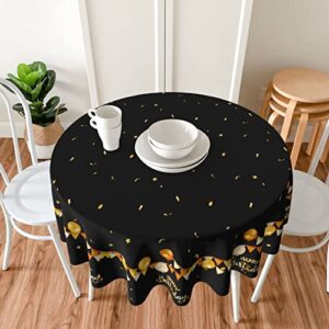 Happy Birthday Tablecloth, Black Round Tablecloth 60 Inch, Gold Stars Round Table Cloth for Birthday Party Decor, Wipeable Waterproof Polyester Fabric Table Cover for Holiday Outdoor Camping Picnic