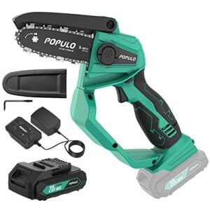 populo 5-inch cordless mini chainsaw, 20v max 2.0ah power chain saws rechargeable, portable small pruning saw for tree and wood, one-hand handheld electric chainsaw with battery and charger