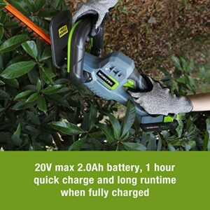 WORKPRO 20V Cordless Hedge Trimmer, 20" Dual Action Blades Electric Gardening Trimmer, 2.0Ah Battery 1 Hour Quick Charger Included, Great Garden Gifts