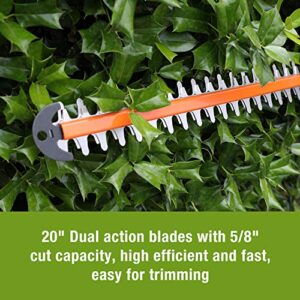 WORKPRO 20V Cordless Hedge Trimmer, 20" Dual Action Blades Electric Gardening Trimmer, 2.0Ah Battery 1 Hour Quick Charger Included, Great Garden Gifts