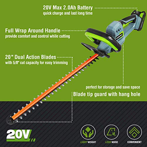 WORKPRO 20V Cordless Hedge Trimmer, 20" Dual Action Blades Electric Gardening Trimmer, 2.0Ah Battery 1 Hour Quick Charger Included, Great Garden Gifts