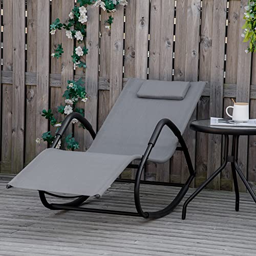 Outsunny Rocking Chair, Zero Gravity Patio Chaise Sun Lounger, Outdoor Rocker, UV Water Resistant, Pillow for Sunbathing, Lawn, Garden or Pool, Grey