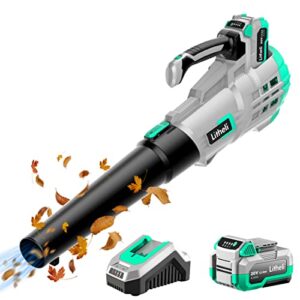 litheli 20v cordless leaf blower, 350 cfm 85 mph battery leaf blower, variable speeds leaf blower for cleaning leaves, dust, snow, lawn, yard, 4.0ah battery & fast charger included