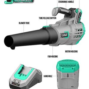 Litheli 20V Cordless Leaf Blower, 350 CFM 85 MPH Battery Leaf Blower, Variable Speeds Leaf Blower for Cleaning Leaves, Dust, Snow, Lawn, Yard, 4.0Ah Battery & Fast Charger Included