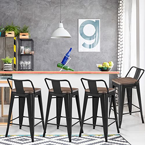 Topeakmart Count Height Bar Stool 4PCS Metal Stools with Low Back & Wood Top for Outdoor & Indoor Barstools Home Stools Black 24 inch