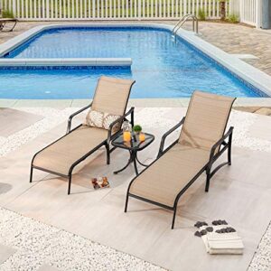 LOKATSE HOME Adjustable Patio Chaise Lounge Set of 2, Outdoor Textiline Reclining Chairs with 1 Glass Top Bistro Table Sturdy Metal Frame for Backyard Porch Poolside, Beige