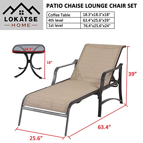 LOKATSE HOME Adjustable Patio Chaise Lounge Set of 2, Outdoor Textiline Reclining Chairs with 1 Glass Top Bistro Table Sturdy Metal Frame for Backyard Porch Poolside, Beige