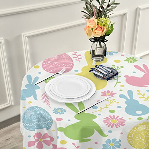 Easter Bunnies Eggs Round Tablecloth 60" Spring Flowers Peeps Flowers Tablecloths with Lace Washable Stain Resistant Tablecover for Kitchen Dining Holiday Home Party Decorations