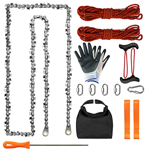 SENSILIN Rope Saw for Tree Limbs, 55 Inch Rope Chain Saw with 70 Sharp Teeth ＆ 46 Feet Ropes Kit, Rope Saw Tree Saw High Limb Rope Chainsaw, Pocket Chainsaw