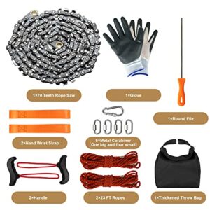 SENSILIN Rope Saw for Tree Limbs, 55 Inch Rope Chain Saw with 70 Sharp Teeth ＆ 46 Feet Ropes Kit, Rope Saw Tree Saw High Limb Rope Chainsaw, Pocket Chainsaw