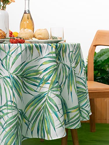 YiHomer Spring & Summer Outdoor Table Cloth - 70 Inch Round Tablecloth - Waterproof Wrinkle Free Table Cover with Zipper and Umbrella Hole, Palm Leaves Dream