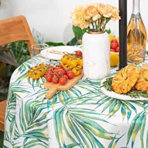 YiHomer Spring & Summer Outdoor Table Cloth - 70 Inch Round Tablecloth - Waterproof Wrinkle Free Table Cover with Zipper and Umbrella Hole, Palm Leaves Dream