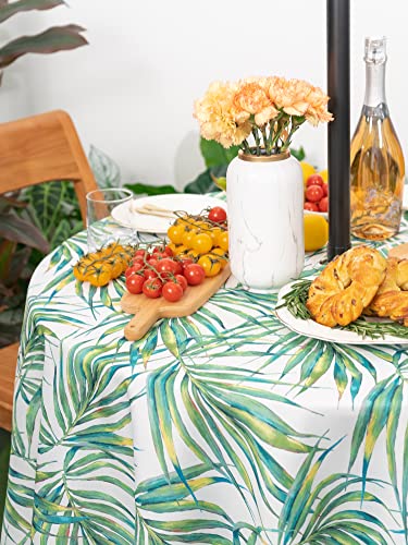 YiHomer Spring & Summer Outdoor Table Cloth - 70 Inch Round Tablecloth - Waterproof Wrinkle Free Table Cover with Zipper and Umbrella Hole, Palm Leaves Dream