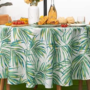 YiHomer Spring & Summer Outdoor Table Cloth - 70 Inch Round Tablecloth - Waterproof Wrinkle Free Table Cover with Zipper and Umbrella Hole, Palm Leaves Dream