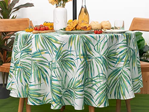 YiHomer Spring & Summer Outdoor Table Cloth - 70 Inch Round Tablecloth - Waterproof Wrinkle Free Table Cover with Zipper and Umbrella Hole, Palm Leaves Dream