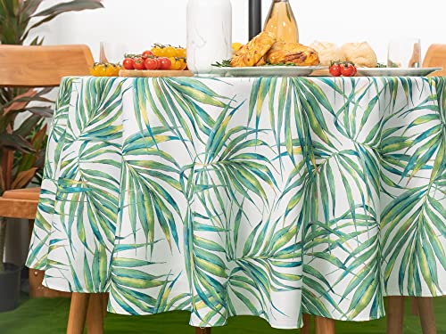 YiHomer Spring & Summer Outdoor Table Cloth - 70 Inch Round Tablecloth - Waterproof Wrinkle Free Table Cover with Zipper and Umbrella Hole, Palm Leaves Dream