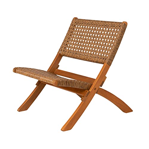 Patio Sense 64159 Sava Indoor Outdoor Folding Chair All Weather Wicker Low Slung Portable Seating Solid Acacia Wood Woven Seat & Back Indoors Porch Lawn Garden Fishing Sporting - Tan Webbing