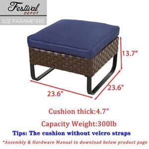 Festival Depot Patio Ottoman Footstool Outdoor Bistro Furniture with Premium Fabric Soft Cushion Wicker Rattan Square with U Shaped Slatted Steel Legs Foot Rest for Garden Yard Lawn All-Weather