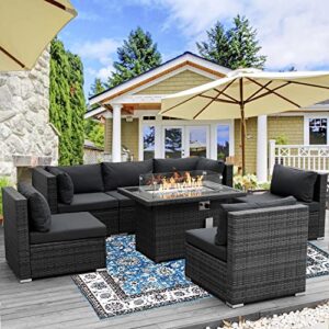 modern patio furnitures outdoor sectional pe wicker sofa sets with waterproof steel frame & thicken charcoal cushions & csa aproved aluminum propane fire pit table 55000 btu (wicker gray-7 pcs)
