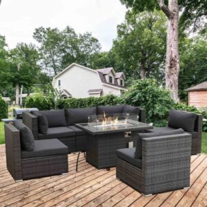 Modern Patio Furnitures Outdoor Sectional PE Wicker Sofa Sets with Waterproof Steel Frame & Thicken Charcoal Cushions & CSA Aproved Aluminum Propane Fire Pit Table 55000 BTU (Wicker Gray-7 Pcs)