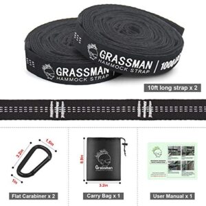 Grassman Hammock Hanging Adjustable Straps, Sturdy 10ft Long Hammock Strap Heavy Duty Tree Straps for Hammocks Camping Compact Bag Easy to Use White