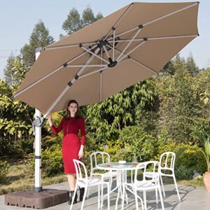 Mojia 11 FT Cantilever Patio Umbrella with Cross Base and Cover Included - 360° Rotation Offset Hanging Umbrella Large Heavy Duty Outdoor Umbrella with Easy Tilt for Pool Backyard Deck Garden, Khaki