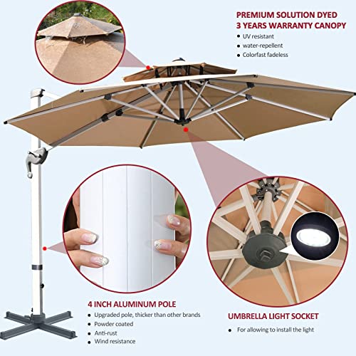 Mojia 11 FT Cantilever Patio Umbrella with Cross Base and Cover Included - 360° Rotation Offset Hanging Umbrella Large Heavy Duty Outdoor Umbrella with Easy Tilt for Pool Backyard Deck Garden, Khaki