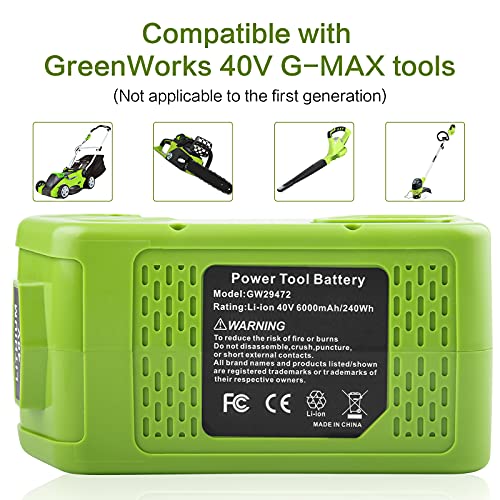 29472 40V 6.0Ah Battery Replacement for GreenWorks 40V Battery 29472 29462 29252 20202 22262 25312 25322 20642 22272 27062 21242 G-Max Cordless Power Tools (2 Packs 6000mAh)