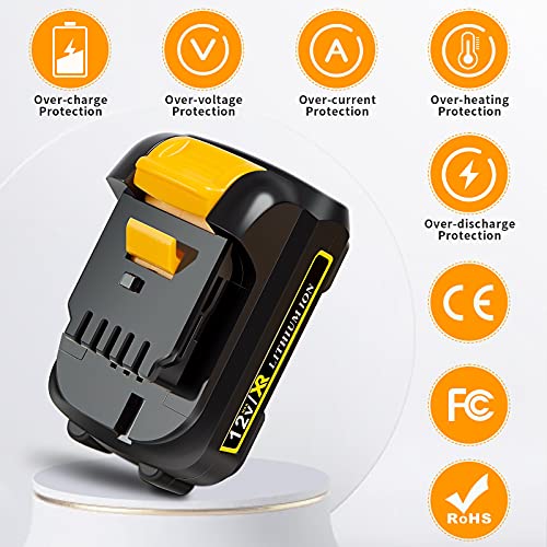 APTOOLER 4 Pack 3.0Ah 12V Max DCB120 Battery Compatible with Dewalt 12V Lithium Battery DCB123 DCB127 DCB122 DCB124 DCB121 Replace for Dewalt 12 Volt Power Tools Batteries with Battery Holder