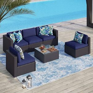 PHI VILLA Outdoor Patio Furniture Sets - Rattan Wicker Patio Sectional Sofa Couch with Tea Table & Washable Cushions (6 Piece, Navy Blue)
