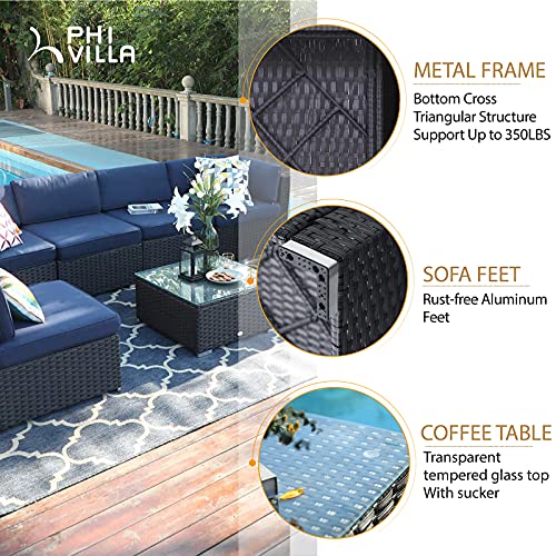 PHI VILLA Outdoor Patio Furniture Sets - Rattan Wicker Patio Sectional Sofa Couch with Tea Table & Washable Cushions (6 Piece, Navy Blue)