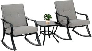 oakmont outdoor furniture 3 piece conversation bistro set rocking chairs and glass top table, thick cushions, black steel (grey)