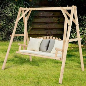 safstar porch swing, outdoor wooden swing with a-frame for 2 person, rustic hardwood swing chair for patio garden yard, 6.5′ wooden swing bench for adult senior toddler, natural