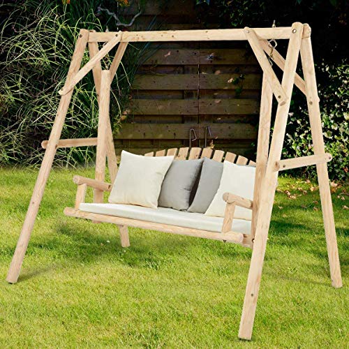 Safstar Porch Swing, Outdoor Wooden Swing with A-Frame for 2 Person, Rustic Hardwood Swing Chair for Patio Garden Yard, 6.5' Wooden Swing Bench for Adult Senior Toddler, Natural