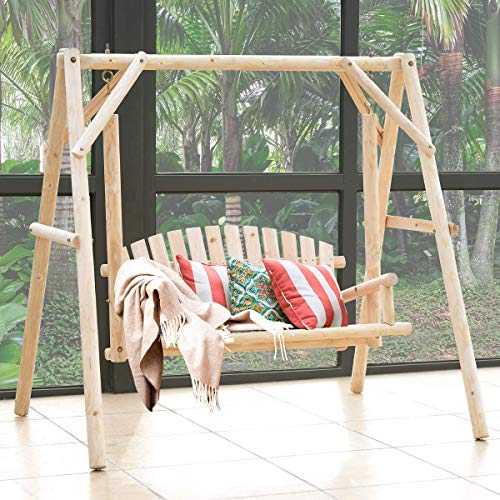 Safstar Porch Swing, Outdoor Wooden Swing with A-Frame for 2 Person, Rustic Hardwood Swing Chair for Patio Garden Yard, 6.5' Wooden Swing Bench for Adult Senior Toddler, Natural