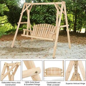 Safstar Porch Swing, Outdoor Wooden Swing with A-Frame for 2 Person, Rustic Hardwood Swing Chair for Patio Garden Yard, 6.5' Wooden Swing Bench for Adult Senior Toddler, Natural