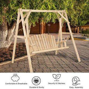 Safstar Porch Swing, Outdoor Wooden Swing with A-Frame for 2 Person, Rustic Hardwood Swing Chair for Patio Garden Yard, 6.5' Wooden Swing Bench for Adult Senior Toddler, Natural