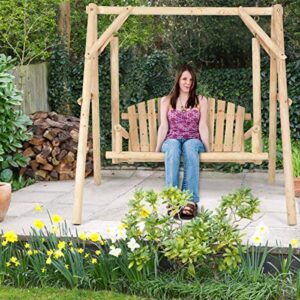 Safstar Porch Swing, Outdoor Wooden Swing with A-Frame for 2 Person, Rustic Hardwood Swing Chair for Patio Garden Yard, 6.5' Wooden Swing Bench for Adult Senior Toddler, Natural