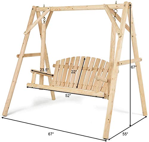 Safstar Porch Swing, Outdoor Wooden Swing with A-Frame for 2 Person, Rustic Hardwood Swing Chair for Patio Garden Yard, 6.5' Wooden Swing Bench for Adult Senior Toddler, Natural