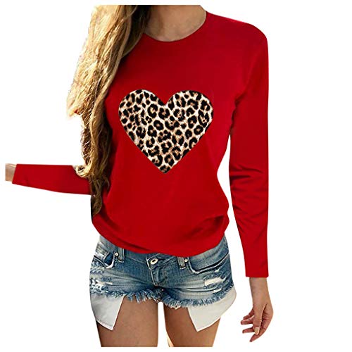 Womens Oversized Leopard Love Printed Sweatshirts Long Sleeve Cozy Breathable T-Shirts Heart-Shape Winter Warm Pullovers Red